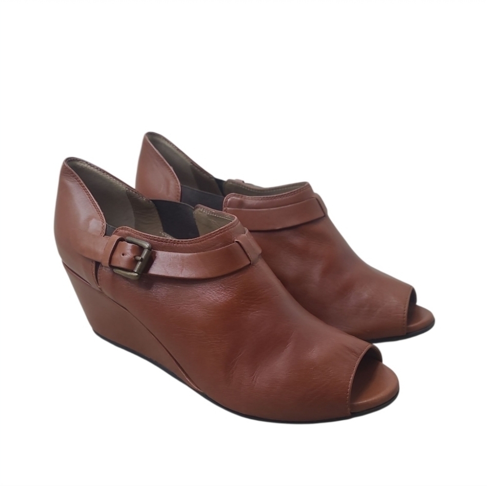 ANYI LU Peeptoe Wedge Booties Size 40 EU/ 9.5 US Brown Leather Made In Italy - Picture 2 of 12
